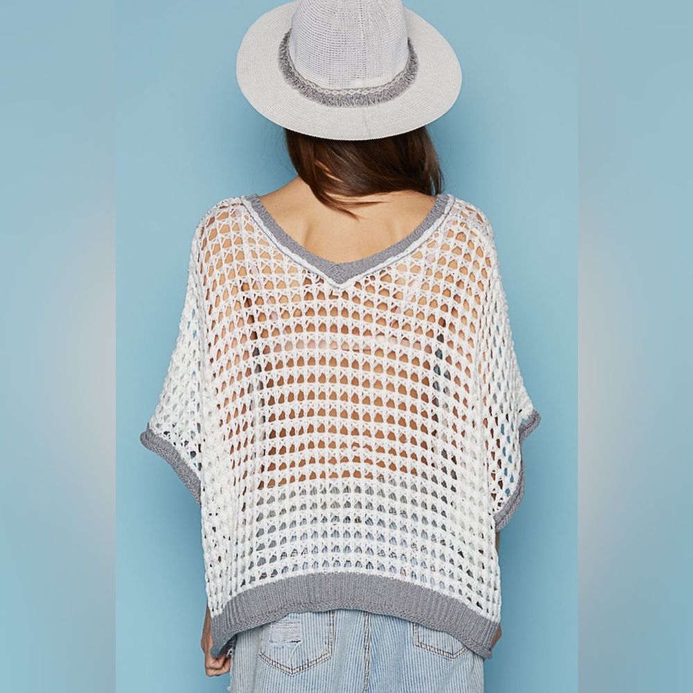 517. Last 1! CLEARANCE POL V neck grey white oversized peace crochet sweater - Picture 5 of 5